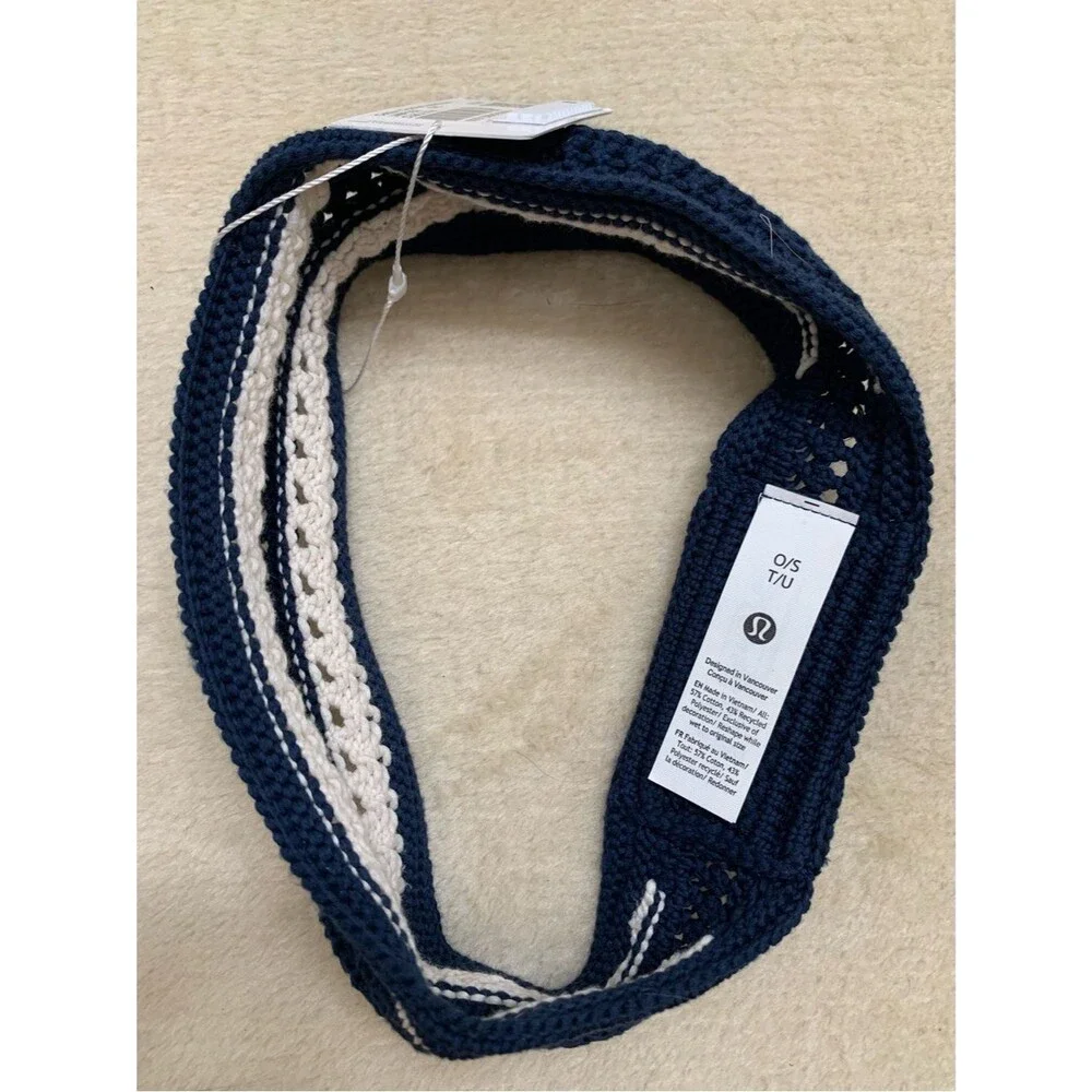 Lululemon Cotton Crochet Headband Club Blue/ Light Ivory One Size New